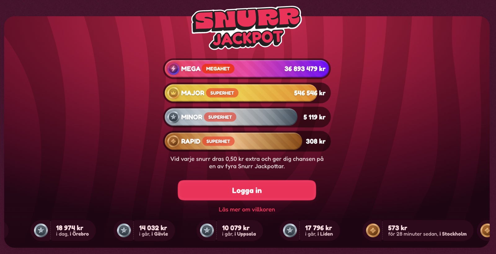 Snurr Jackpot med fyra nivåer: Mega, Major, Minor och Rapid